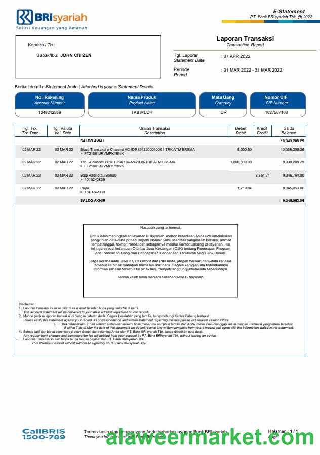 Indonesia BRIsyariah bank statement